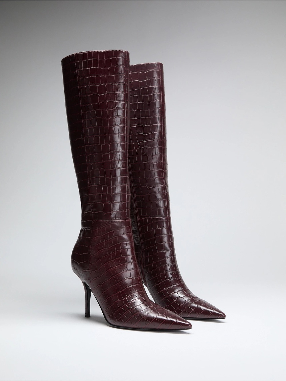 Guess Burgundy Croc-Embossed Pointed Toe Knee Boots